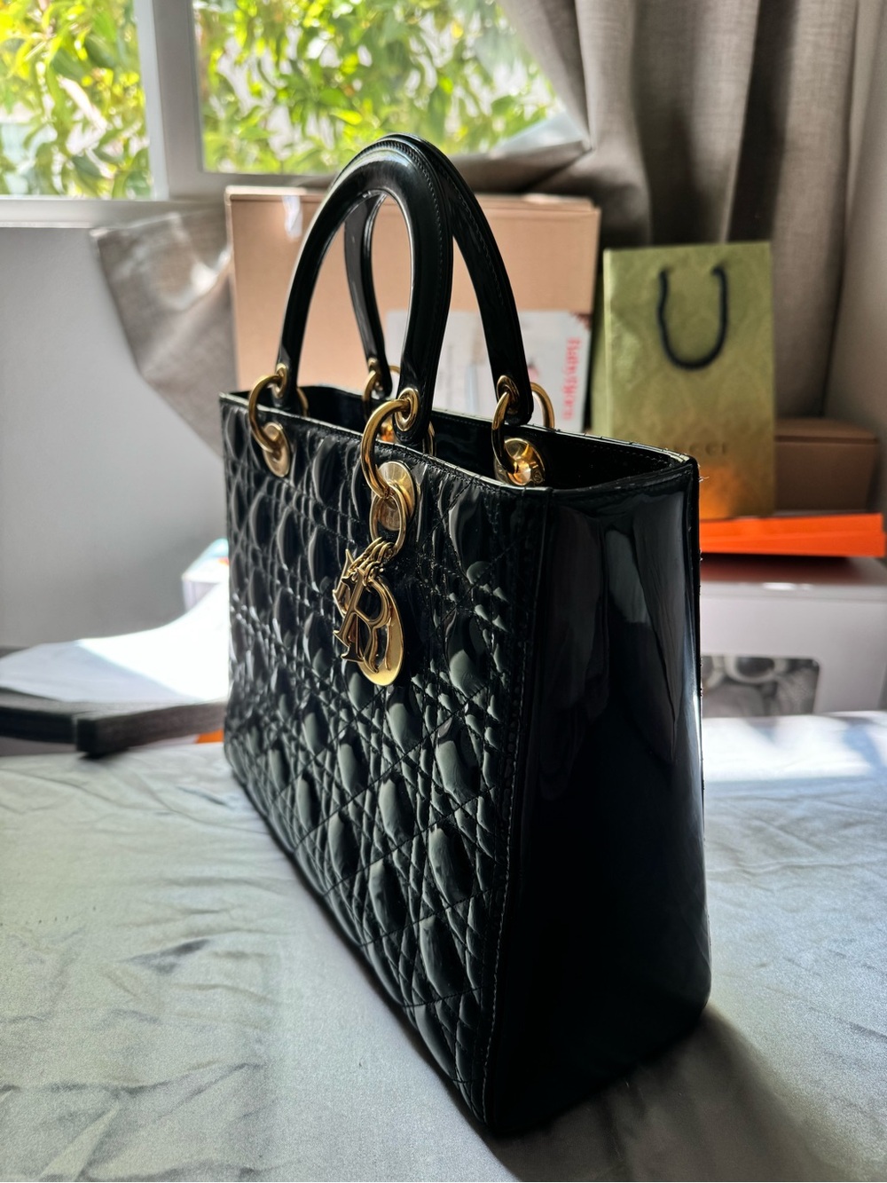 Dior Black Patent Leather Lady Dior Satchel with Gold Hardware Very New - Picture 2 of 11